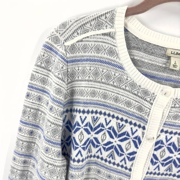 LL Bean Womens Fair Isle Cardigan Sweater Size L Petite Cotton Cashmere Nordic - Picture 2 of 8